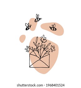 Vector envelope with flowers and bees. Linear hand drawn illustration with bright spot is perfect for honey design, beekeeper brand identity, floral logo, icon, label, postcard, poster