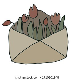 vector envelope with flowers brown green red hand drawn