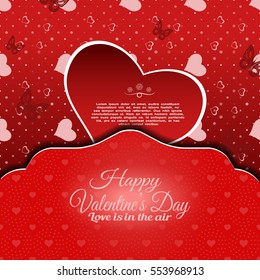 Vector envelope Happy Valentine's Day with gradient pattern, cutout red heart and pocket.
