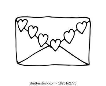 Vector envelope with hearts in doodle style. Hand drawn lovely letter isolated on white background.