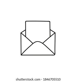 Vector envelope icon with letter on white background. Mail symbol in doodle style.