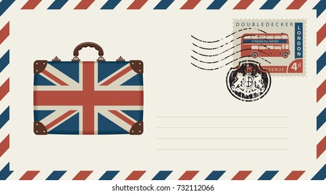 Vector envelope with image of suitcase in colors of British flag, a postage stamp with double decker London bus and rubber stamp in form of royal coat of arms of United Kingdom