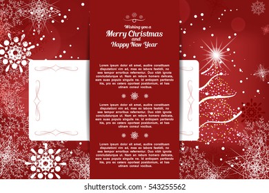 Vector envelope with insert for Happy New Year and Merry Christmas on the abstract dark red background with Christmas tree, snowfall and snowflakes pattern.