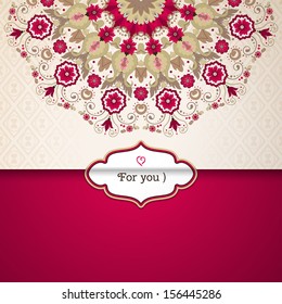 Vector envelope for invitations or congratulations. Beautiful round floral pattern in vintage style. Simple delicate ornament. Place for your text.