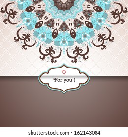 Vector envelope for invitations or congratulations. Beautiful round floral pattern in vintage style. Simple delicate ornament. Place for your text.
