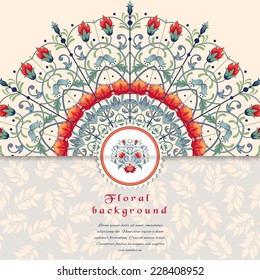 Vector envelope for invitations or congratulations with fantasy flowers. Floral round pattern. Ornament with leaves. 