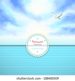 Vector envelope for invitations or congratulations. Marine theme. Sky painted oil pastel. Gulls, pencil hand drawing. Simple background with wavy pattern. Beautiful sticker for your text.