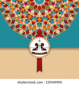 Vector envelope for invitations or congratulations. Multicolored round geometric pattern. Beautiful label with two horses and ribbon for your text.