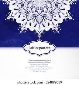 Vector envelope for invitations or congratulations. Round floral damask pattern. Hand drawing watercolor background. Place for your text.