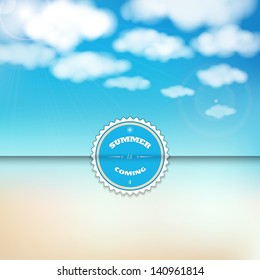 Vector envelope for invitations or congratulations. Sky, clouds, sunshine and sandy beach. Beautiful inscription - Summer is coming.