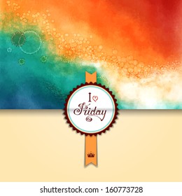 Vector envelope for invitations or congratulations. Watercolor  background. Hand drawing with colored spots and blotches. Beautiful sticker with inscription in retro style -  I love Friday