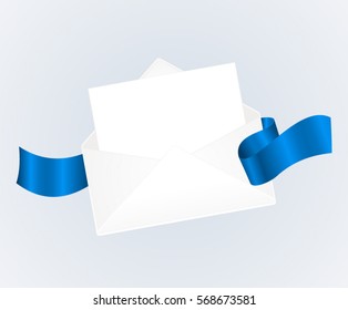 Vector envelope. Letter in an envelope  with blue ribbon. Illustration isolated on white background.