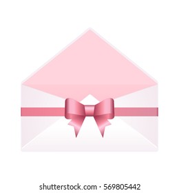Vector envelope. Letter in an envelope  with pink ribbon. Illustration isolated on white background.
