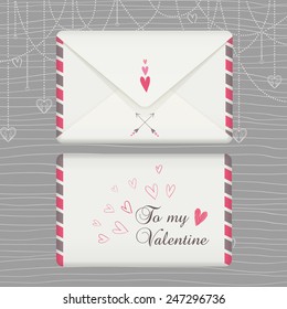 The vector envelope with a letter to Valentine. Love and wedding background with hearts for your design. Seamless pattern with horizontal lines and hearts in gentle colors.