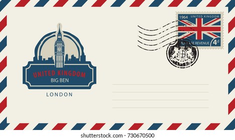 Vector envelope with London Big Ben, a postage stamp with flag of United Kingdom and rubber stamp in form of royal coat of arms