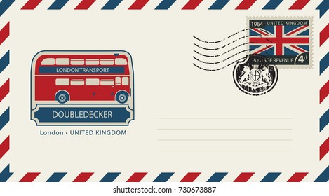 Vector envelope with London doubledecker, a postage stamp with flag of United Kingdom and rubber stamp in form of royal coat of arms