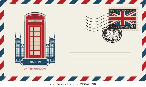 Vector envelope with London telephone booth, a postage stamp with flag of United Kingdom and rubber stamp in form of royal coat of arms