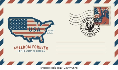 Vector envelope with a map of America in colors of the national flag, inscription, postage stamp with New York Statue of Liberty and a rubber stamp in retro style.