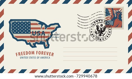 Vector envelope with a map of America in colors of the national flag, inscription, postage stamp with New York Statue of Liberty and a rubber stamp in retro style.