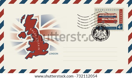 Vector envelope with map and flag of Great Britain, a postage stamp with double-decker London bus and rubber stamp in form of royal coat of arms of United Kingdom