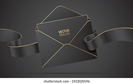 Vector envelope mockup. Black elegant envelope with golden details, waving ribbon, and a letter. Realistic envelope with celebration, greeting, or invitation card inside, isolated on a dark background