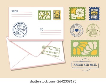 Vector Envelope Mockup with Decorative Retro Stamps and Postal Badges. Mail Art for Snail Mail Design

