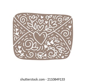 Vector envelope with monoline heart and flourish elements. Valentine Day Hand Drawn icon. Holiday sketch doodle Design element valentine. love decor for web, wedding and print.