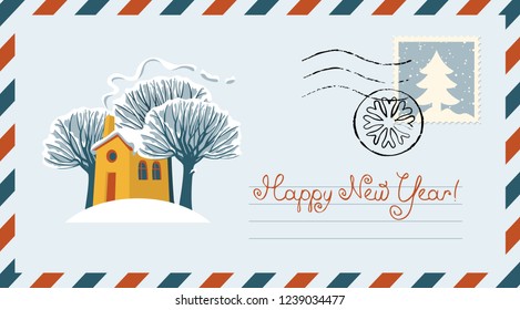 Vector envelope on the theme of Christmas and New year with postage stamp and postmark in form of snowflake. Illustration with cheerful yellow house, snow-covered trees and inscription Happy New year.