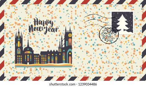 Vector envelope on the theme of Christmas and New year with postage stamp and postmark. Winter old european city with bright windows and inscription on background of colored confetti and snowflakes