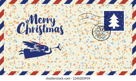Vector envelope on the theme of Christmas with postage stamp and postmark. Calligraphic inscription Merry Christmas with angel on string on the background of colored confetti and snowflakes