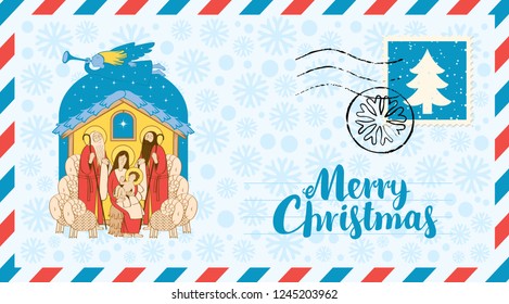 Vector envelope on the theme of Christmas with postage stamp and postmark. Bible illustration of Adoration of the Magi on the snowflakes background. Holy Family and Christmas angel. Mary and Jesus.