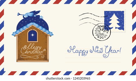 Vector envelope on the theme of Christmas and New year with postage stamp and postmark in retro style. Angel with a trumpet flying over the roof of the house and the Christmas star