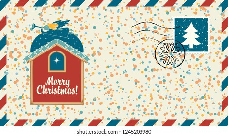 Vector envelope on the theme of Merry Christmas with postage stamp and postmark in retro style. Angel with a trumpet flying over the roof of the house and the Christmas star