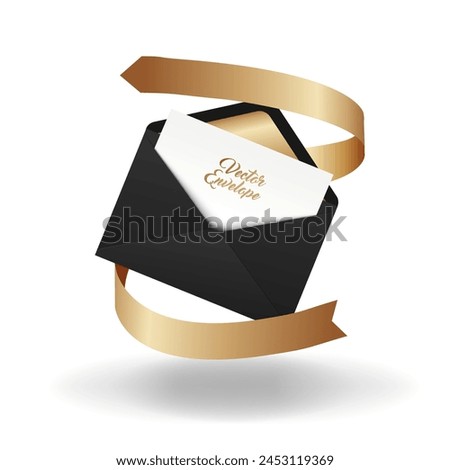 Vector envelope. Open black envelope with invitation card and gold ribbon. Marriage invitation card design. Realistic backpack envelope.