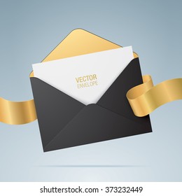 Vector envelope. Opened black envelope with invitation card and golden ribbon. Marriage invitation card design. Realistic envelope mockup.