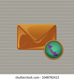 Vector envelope and phone icon. Golden closed envelope isolated on a grey background. Realistic mockup.