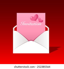 Vector envelope with pink cute invitation card and heart shapes over red background