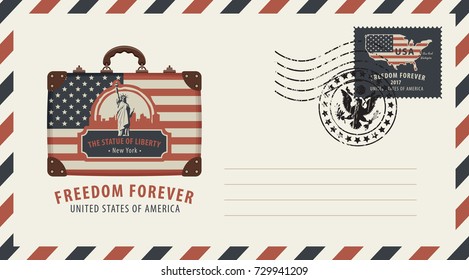 Vector envelope with a postage stamp and rubber stamp. Image of suitcase in colors of american flag with image of New York Statue of Liberty