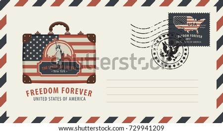Vector envelope with a postage stamp and rubber stamp. Image of suitcase in colors of american flag with image of New York Statue of Liberty