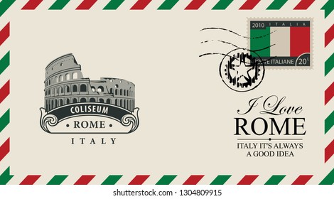 Sobre vectorial o postal en estilo retro con Coliseo Romano, sello postal y sello postal con bandera italiana. El monumento a la arquitectura de la antigua Roma. Inscripción que amo Roma