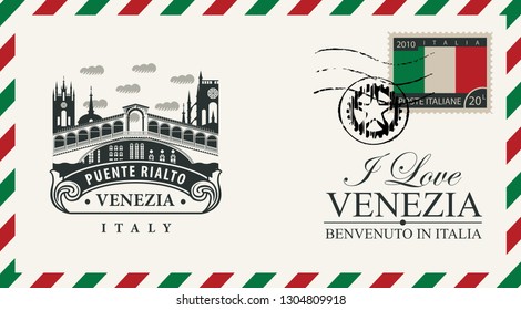 Sobre vectorial o postal en estilo retro con puente Ponte di Rialto, sello postal y postal con bandera italiana. La atracción arquitectónica de Venecia. Inscripción que amo a Venezuela