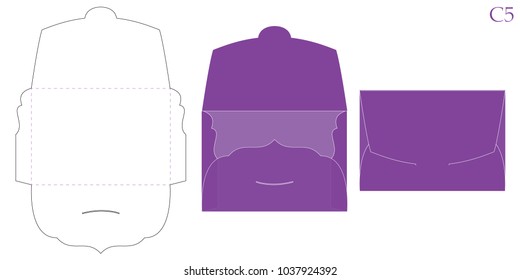 Vector envelope. Purple opened envelope isolated on a background. Decorative packing mockup for  wedding invitation card, greeting birthday. Empty template. Print die cut. Cutout fold with swirl flap