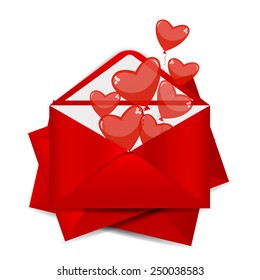 Vector envelope with red hearts isolated on white background. Happy Valentines day.