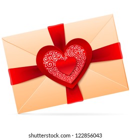 Vector envelope with red paper heart and glossy ribbon