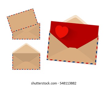 Vector envelope and red paper with heart on white background