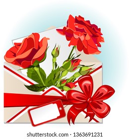Vector of envelope with roses, big red bow and greeting card
