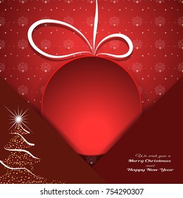 Vector envelope with round red insert cut from paper on the red gradient background with snowflake pattern and Christmas tree.