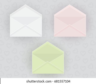 Vector envelope set, trendy pastel colors pink, mint, white. Realistic simple flat envelopes on gray background, hearts pattern.