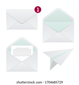 Vector envelope set. Yellow mail icon set in flat design style and paper airplane letter symbol.