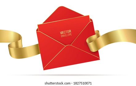 Vector envelope template. Opened red envelope with the letter, and waving golden ribbon. Realistic envelope mockup with celebration, greeting, or invitation card, isolated on a white background.